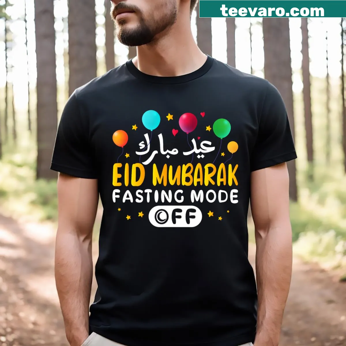Eid t-shirt with 'Fasting Mode Off' graphic, celebrating the holiday — on a men's t-shirt