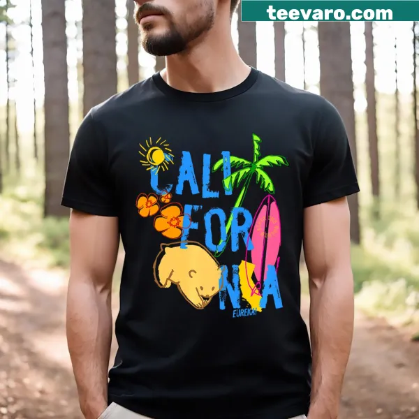 Cartoon bear surfing on a board with California summer vibe theme