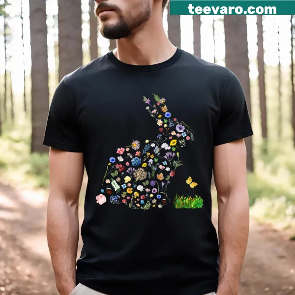 Cute bunny rabbit graphic surrounded by flowers on a kids' t-shirt.