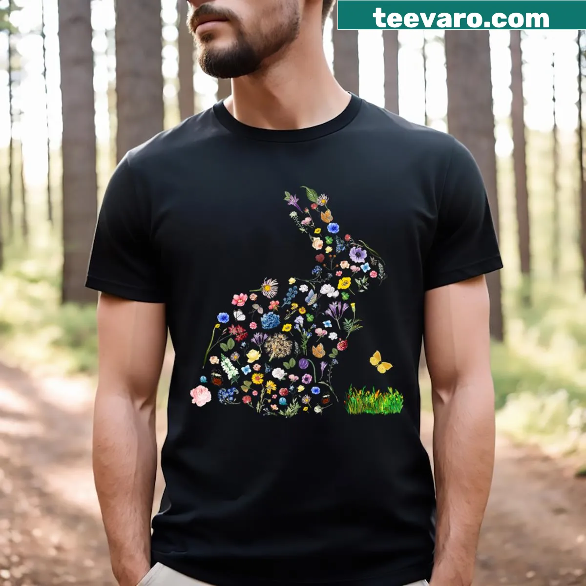 Cute bunny rabbit graphic surrounded by flowers on a kids' t-shirt. — on a men's t-shirt