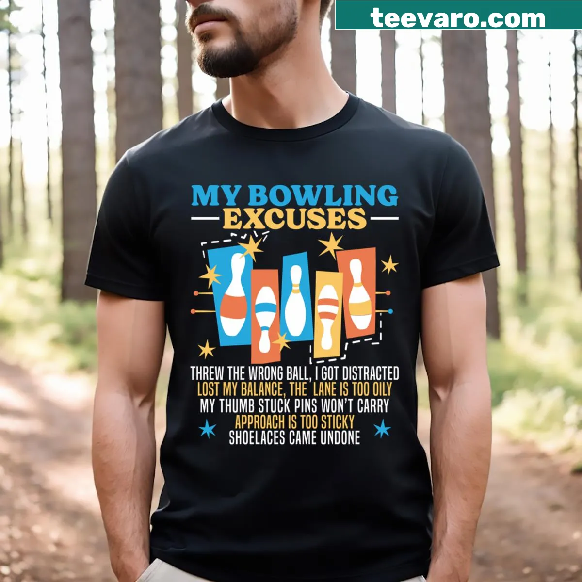 Humorous bowling graphic t-shirt with bowling ball and split pins — on a men's t-shirt