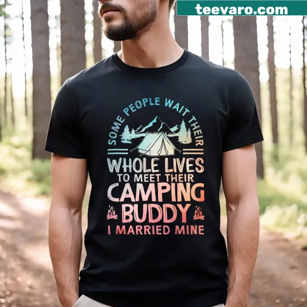 Funny camping-themed illustration on a couple's t-shirt