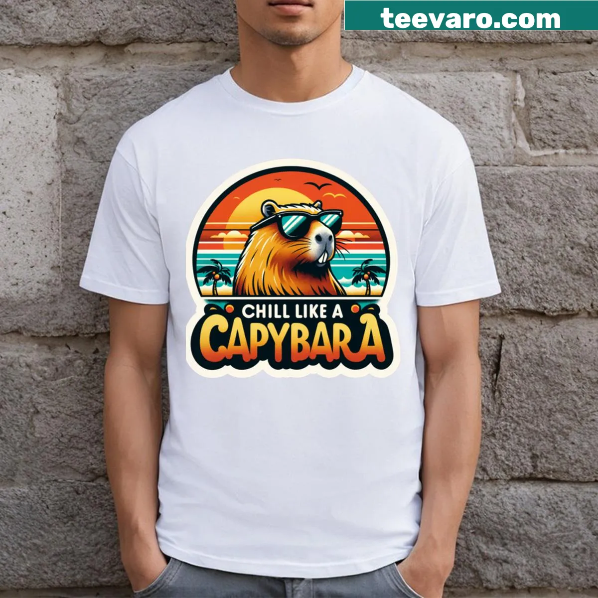 Cartoon capybara lounging on a T-shirt — on a men's t-shirt