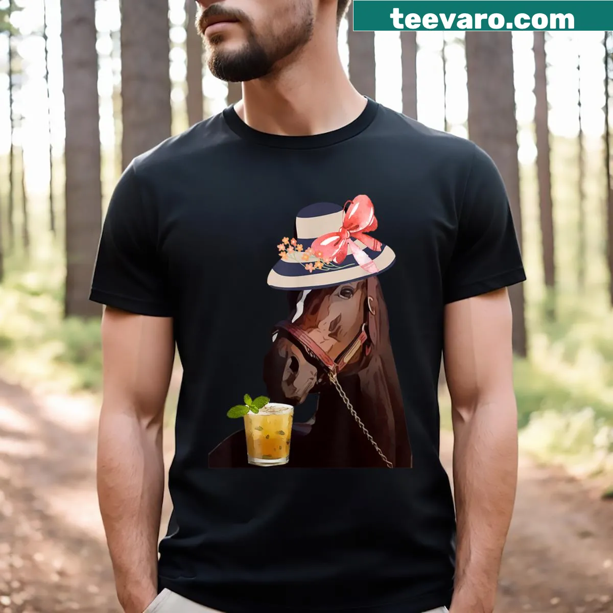 Playful horse racing graphic t-shirt for derby party enthusiasts. — on a men's t-shirt