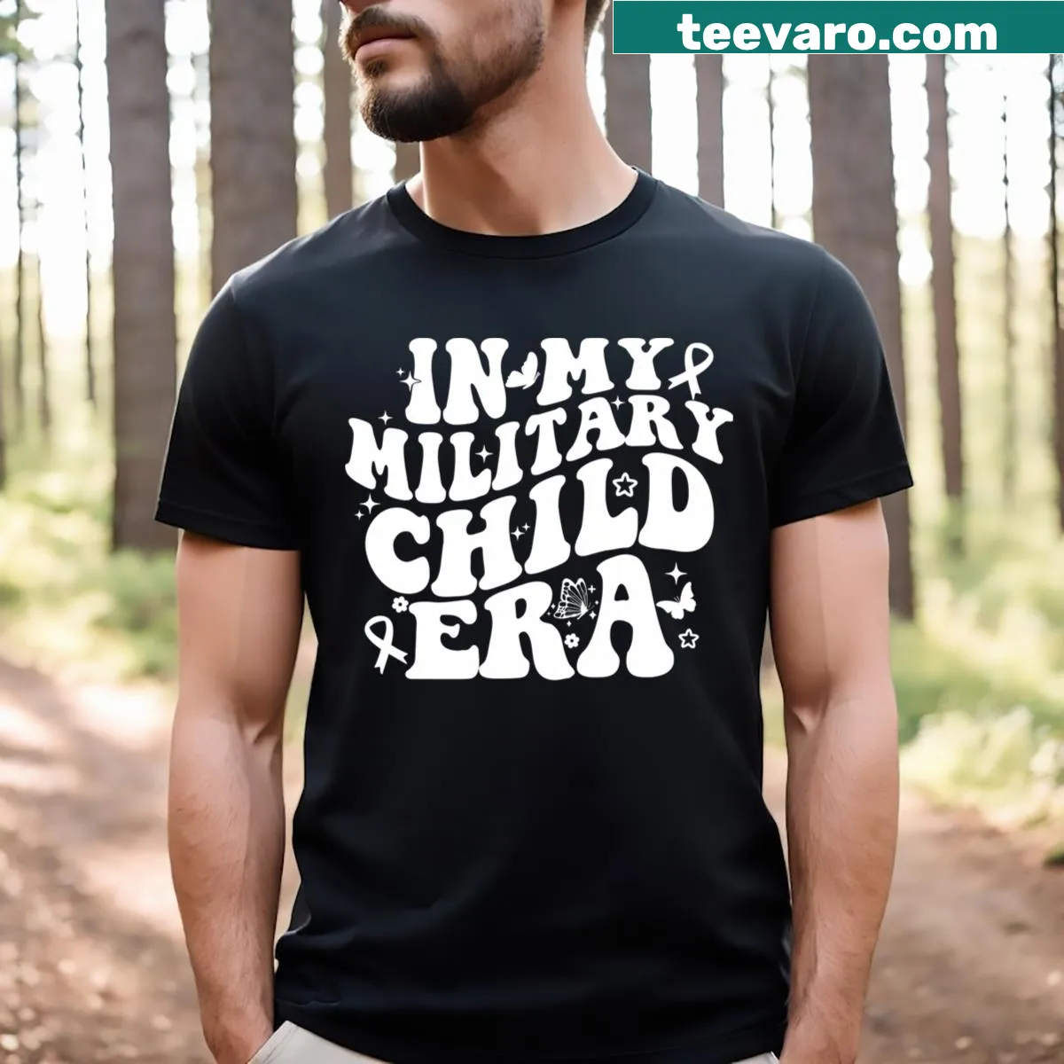 Humorous t-shirt with the saying 'In My Military Child Era' in groovy typography — on a men's t-shirt