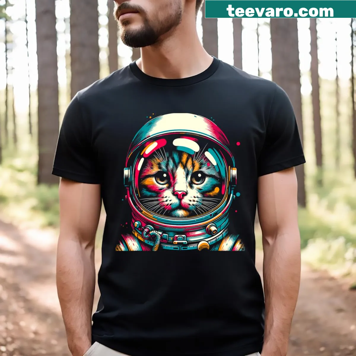 Cartoon astronaut cat in a helmet, fun text design for cat lovers — on a men's t-shirt
