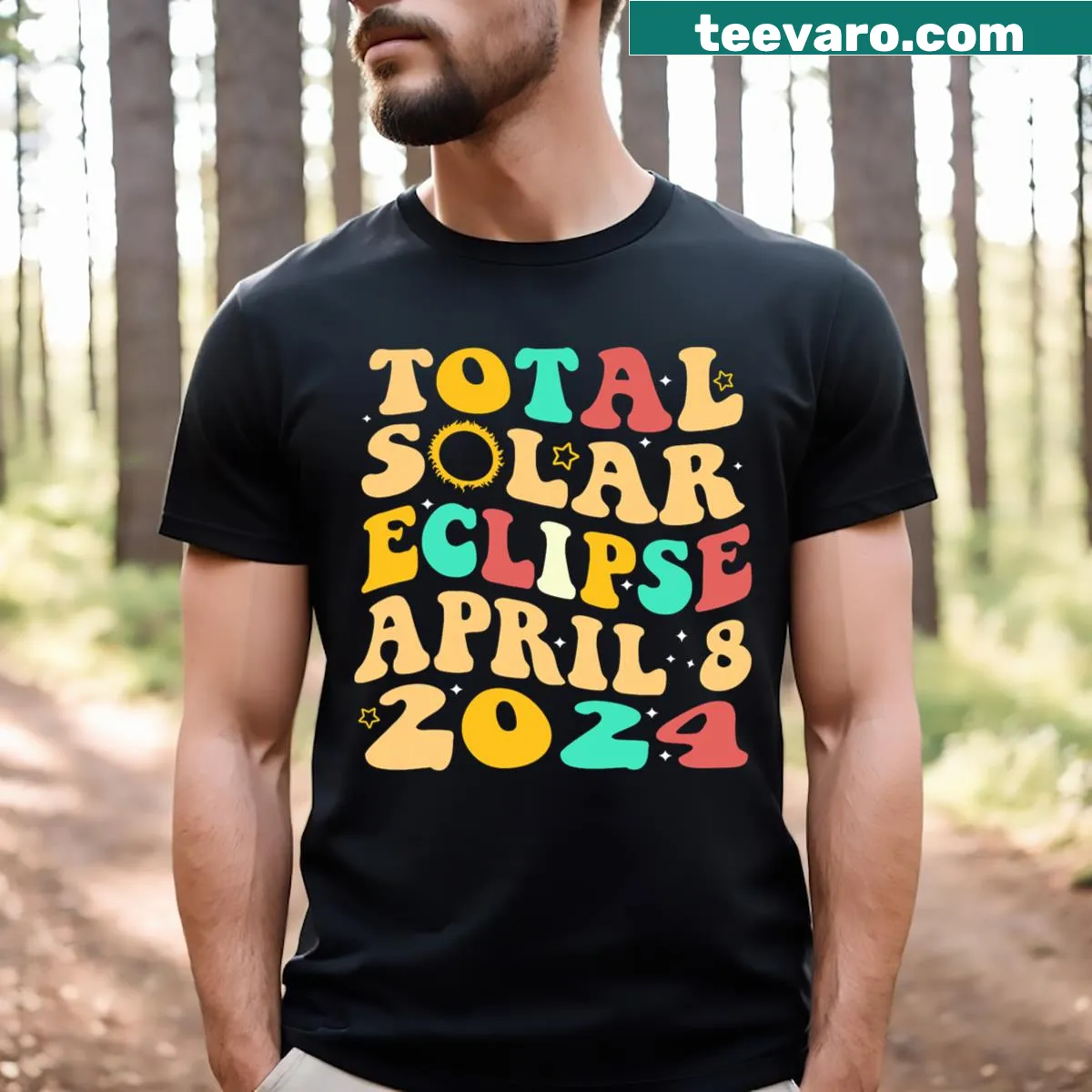 Funny t-shirt celebrating the total solar eclipse with a groovy design — on a men's t-shirt