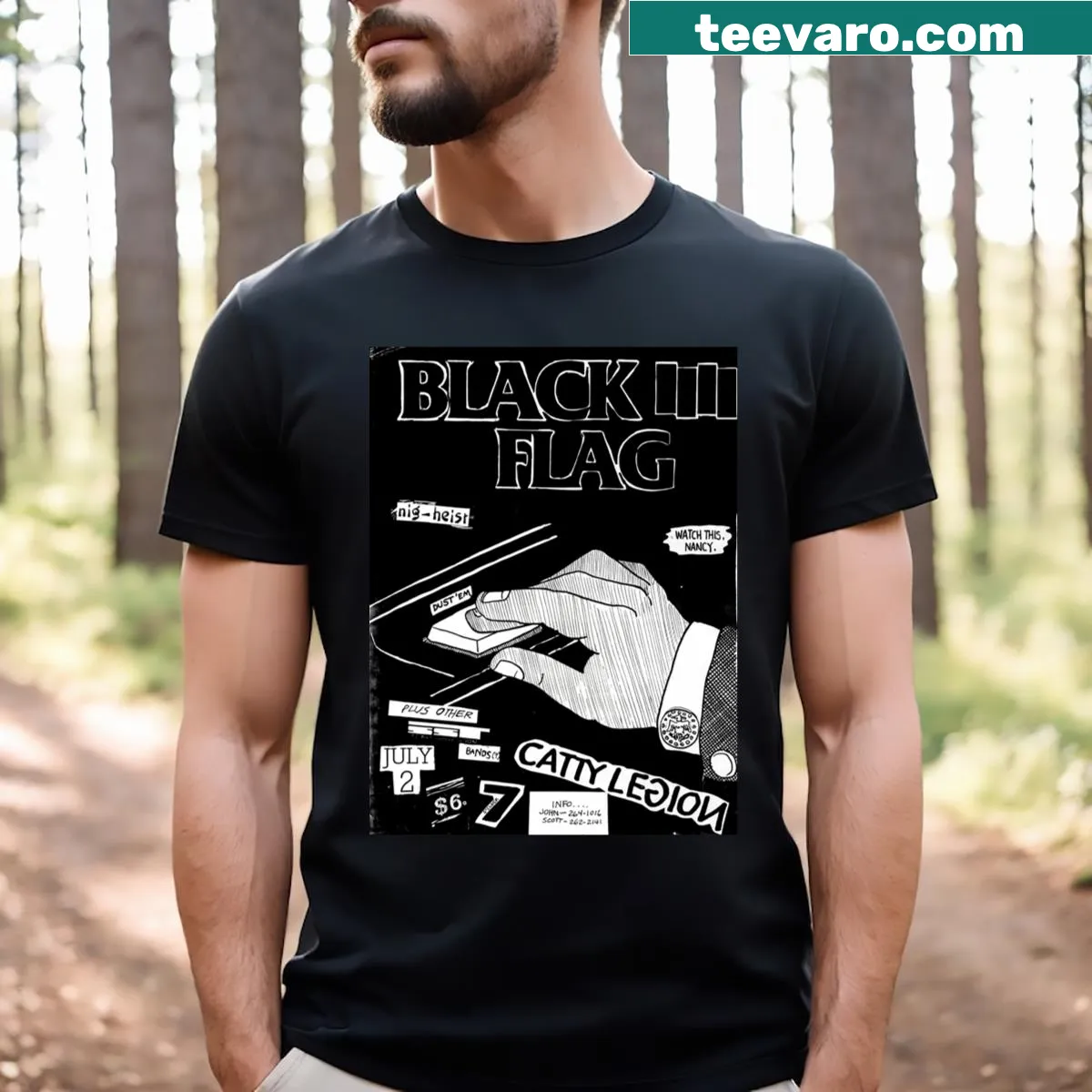 Vintage-style t-shirt featuring gig flier graphic — on a men's t-shirt