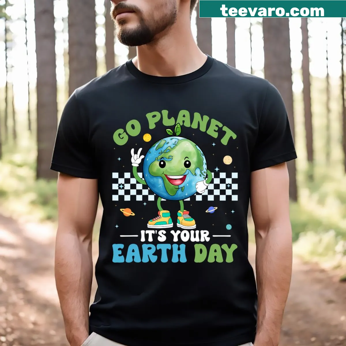 Earth Day themed T-shirt with the text Go Planet — on a men's t-shirt