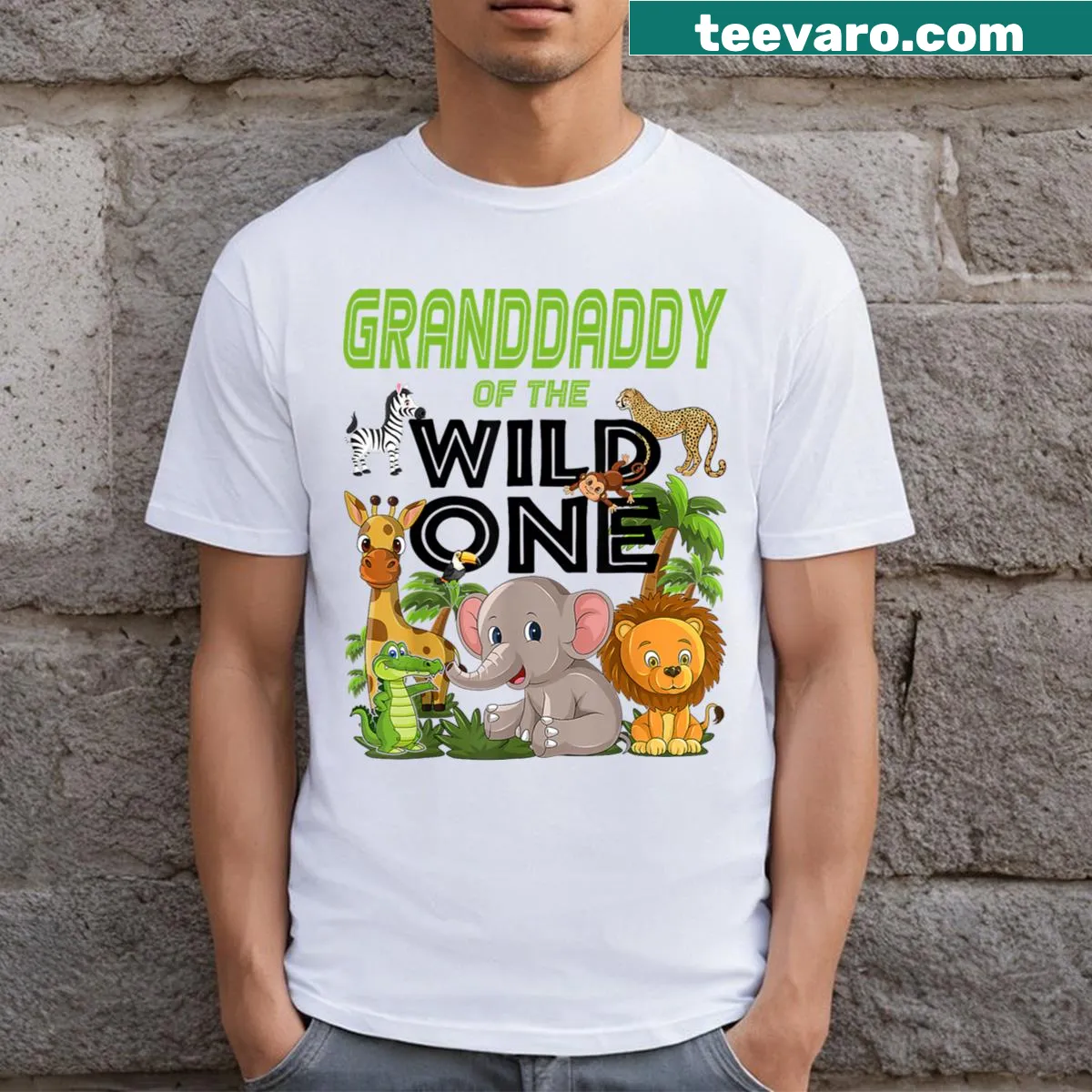 Cartoon animal design with the phrase 'Granddaddy of the Wild One' — on a men's t-shirt