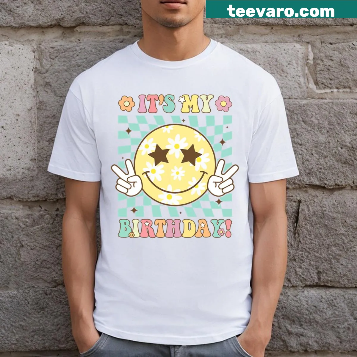 Retro birthday T-shirt with smiley face graphic — on a men's t-shirt