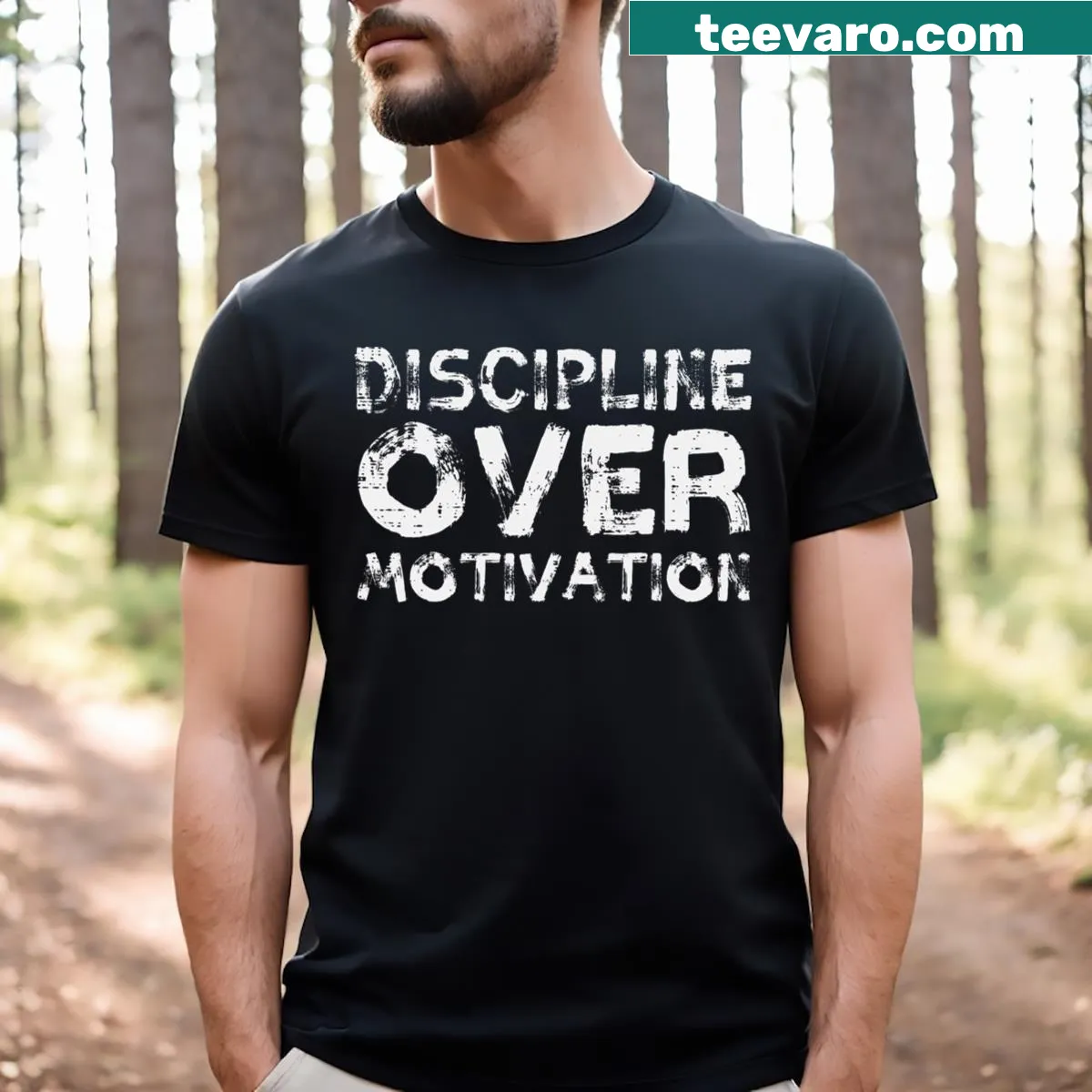 Motivational shirt with bold typography highlighting discipline over motivation — on a men's t-shirt