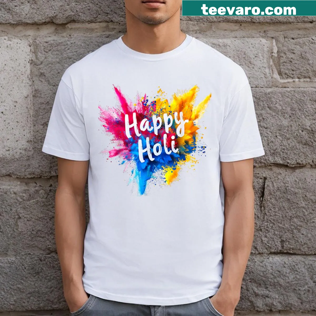 Holi festival t-shirt featuring playful illustrations for men — on a men's t-shirt