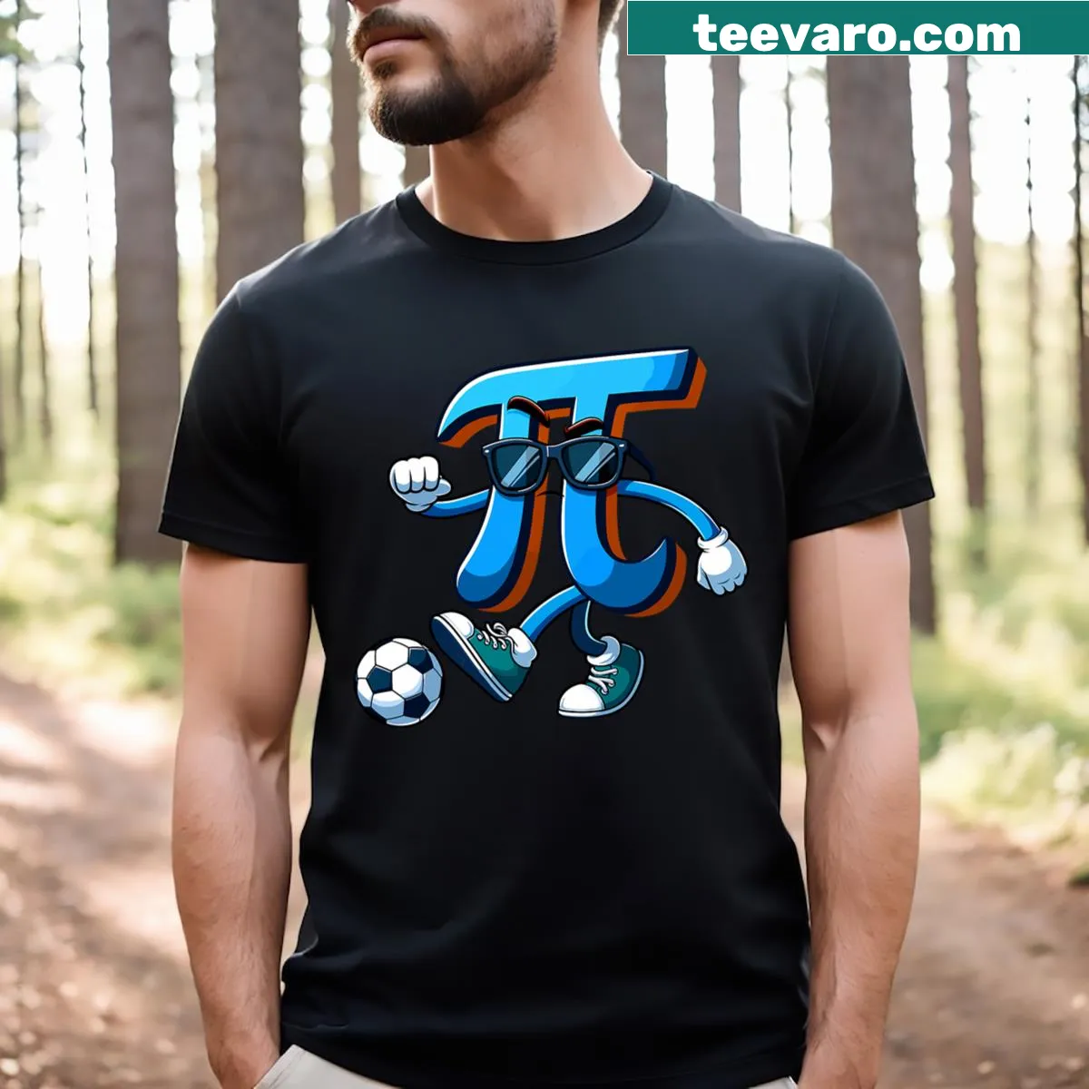Pi Day T-shirt for men with soccer theme and Pi symbol — on a men's t-shirt