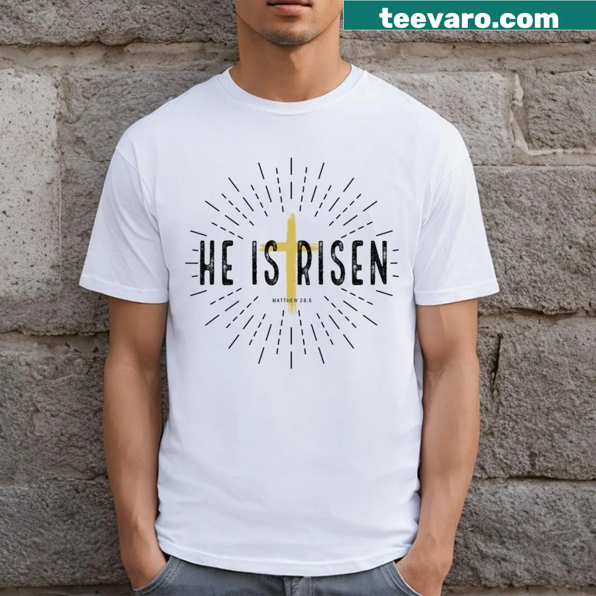 Easter T-shirt with a Christian cross design and the phrase 'He Is Risen' — on a men's t-shirt