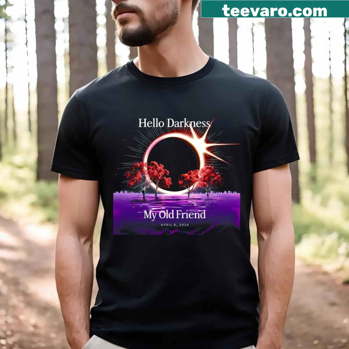 Funny solar eclipse t-shirt with the phrase Hello Darkness — on a men's t-shirt