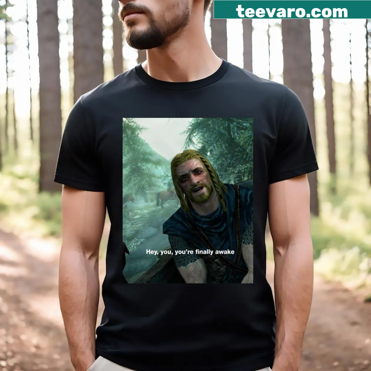 Skyrim meme t-shirt featuring a humorous awakening graphic — on a men's t-shirt