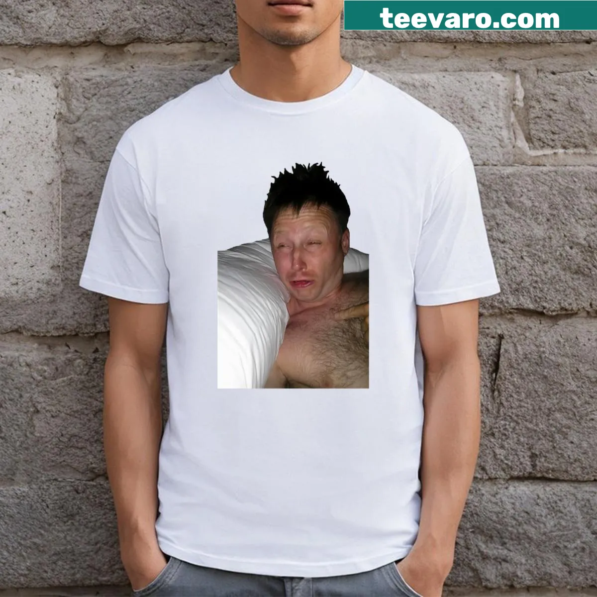 Waking up meme graphic featuring Limmy on a t-shirt — on a men's t-shirt