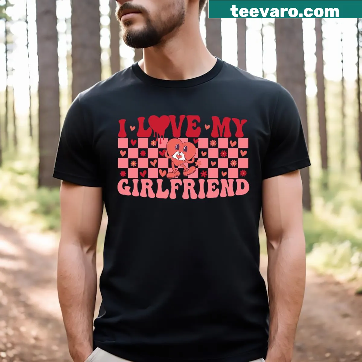 Heart-themed graphic T-shirt showing I Love My Girlfriend — on a men's t-shirt