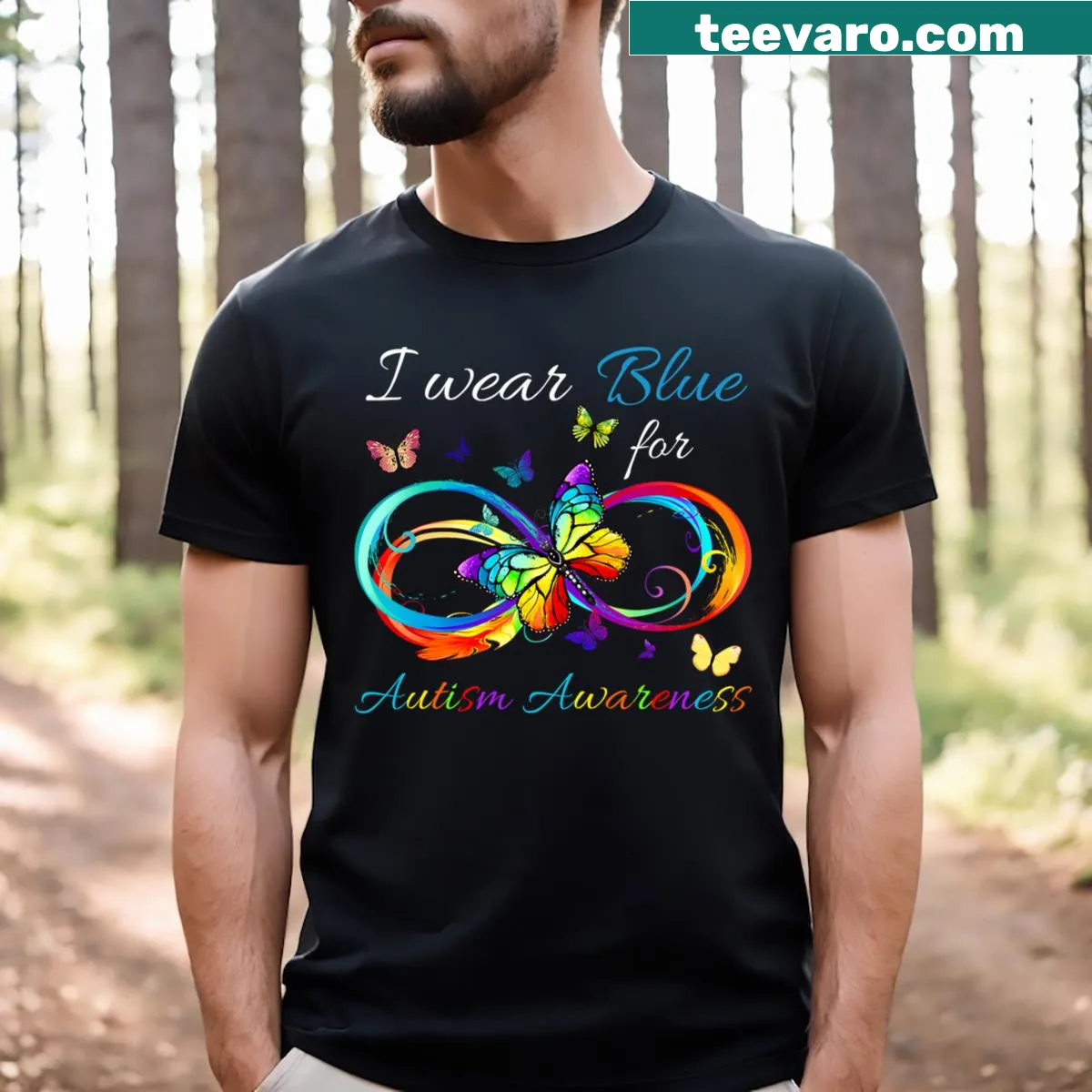 Butterfly graphic with I Wear Blue For Autism Awareness Month text — on a men's t-shirt
