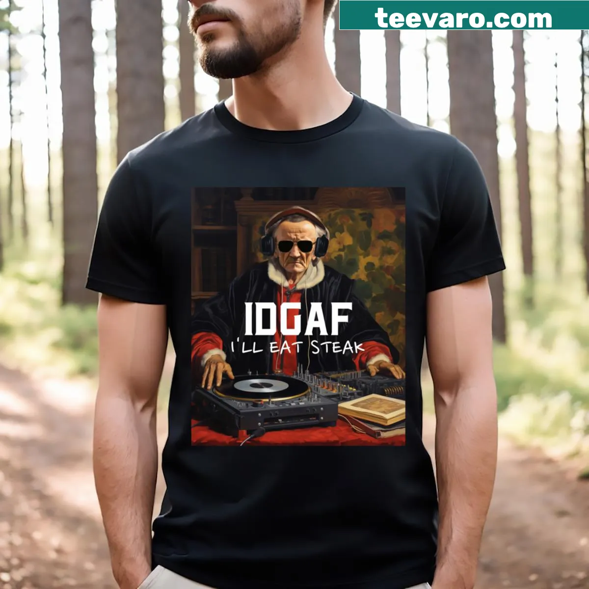 Funny steak lover t-shirt with bold anti-vegan slogan — on a men's t-shirt