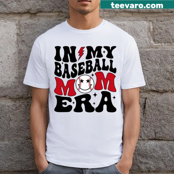 Funny baseball mom T-shirt with 'In My Baseball Mom Era' phrase