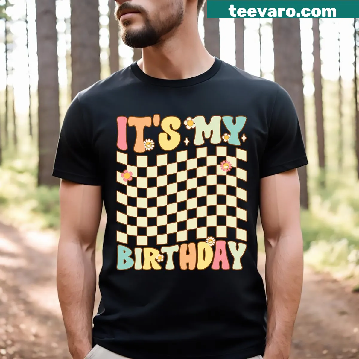 Groovy birthday t-shirt for teens with playful graphic — on a men's t-shirt