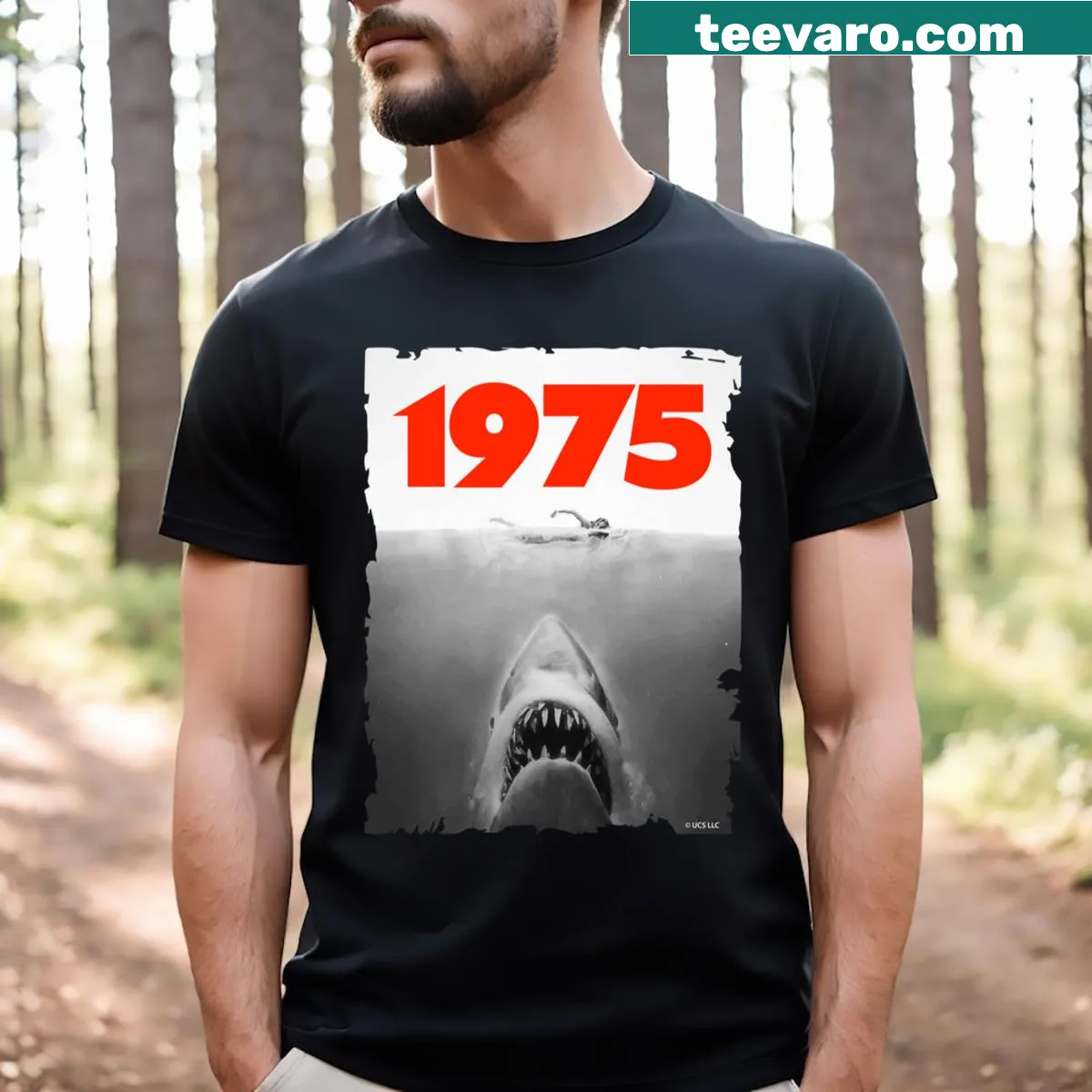 Jaws fan art t-shirt featuring an iconic shark illustration — on a men's t-shirt
