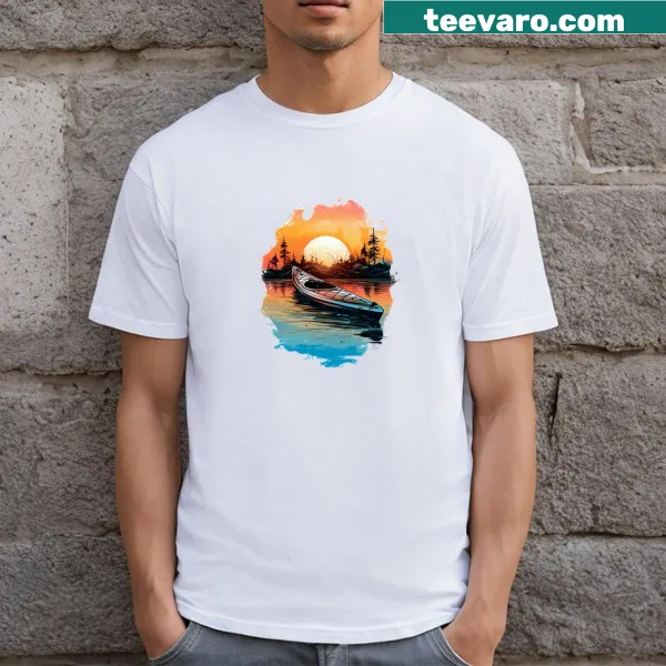 Illustrated kayak t-shirt featuring a serene sunset scene