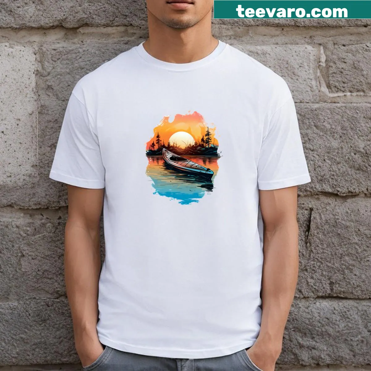 Illustrated kayak t-shirt featuring a serene sunset scene — on a men's t-shirt