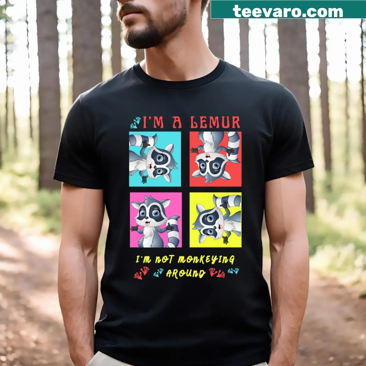 Cartoon design T-shirt celebrating lemur lovers with humor. — on a men's t-shirt