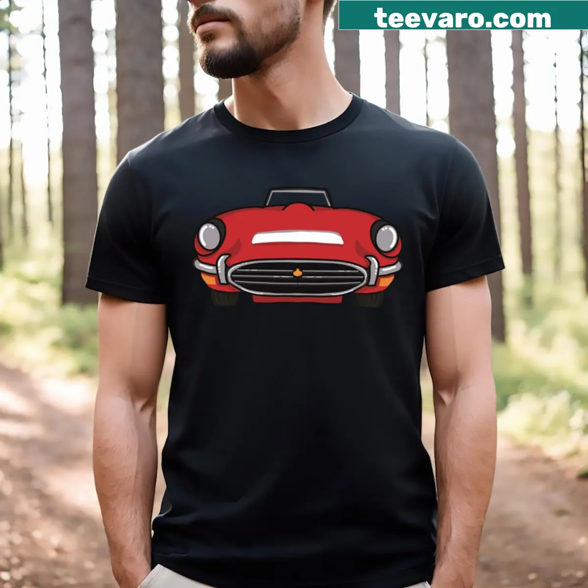 Active t-shirt featuring a playful sports car graphic — on a men's t-shirt