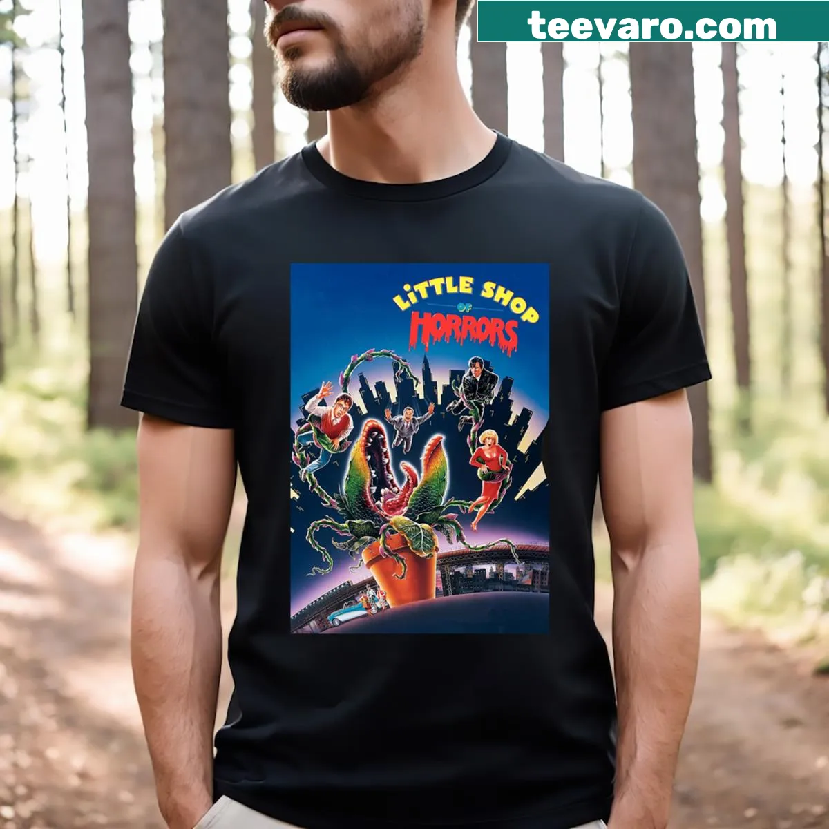 Nostalgic t-shirt featuring Little Shop of Horrors movie poster design — on a men's t-shirt