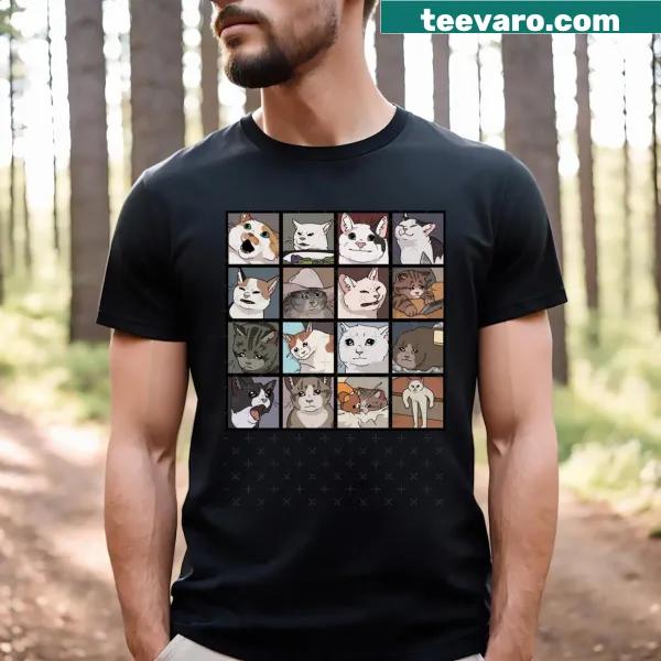 Humorous graphic T-shirt showcasing various cat expressions