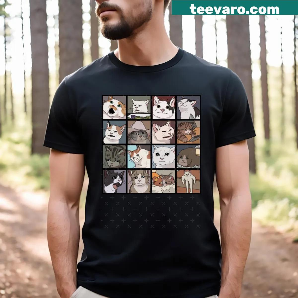 Humorous graphic T-shirt showcasing various cat expressions — on a men's t-shirt