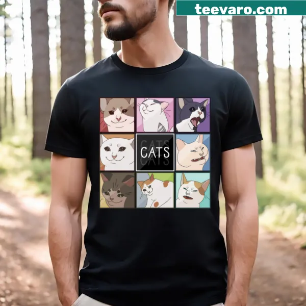 Funny T-shirt featuring a collage of meme cats in various humorous poses