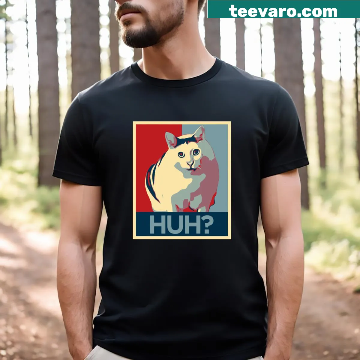Funny cat graphic with 'Huh' text on an essential T-shirt — on a men's t-shirt