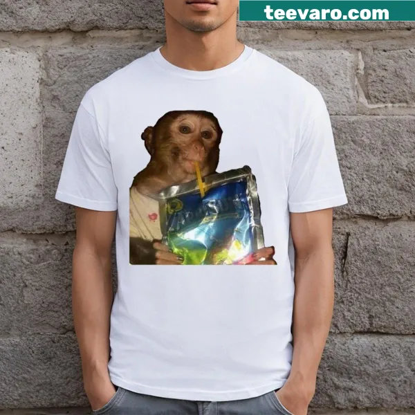 T-shirt featuring a whimsical monkey sipping a Caprisun drink