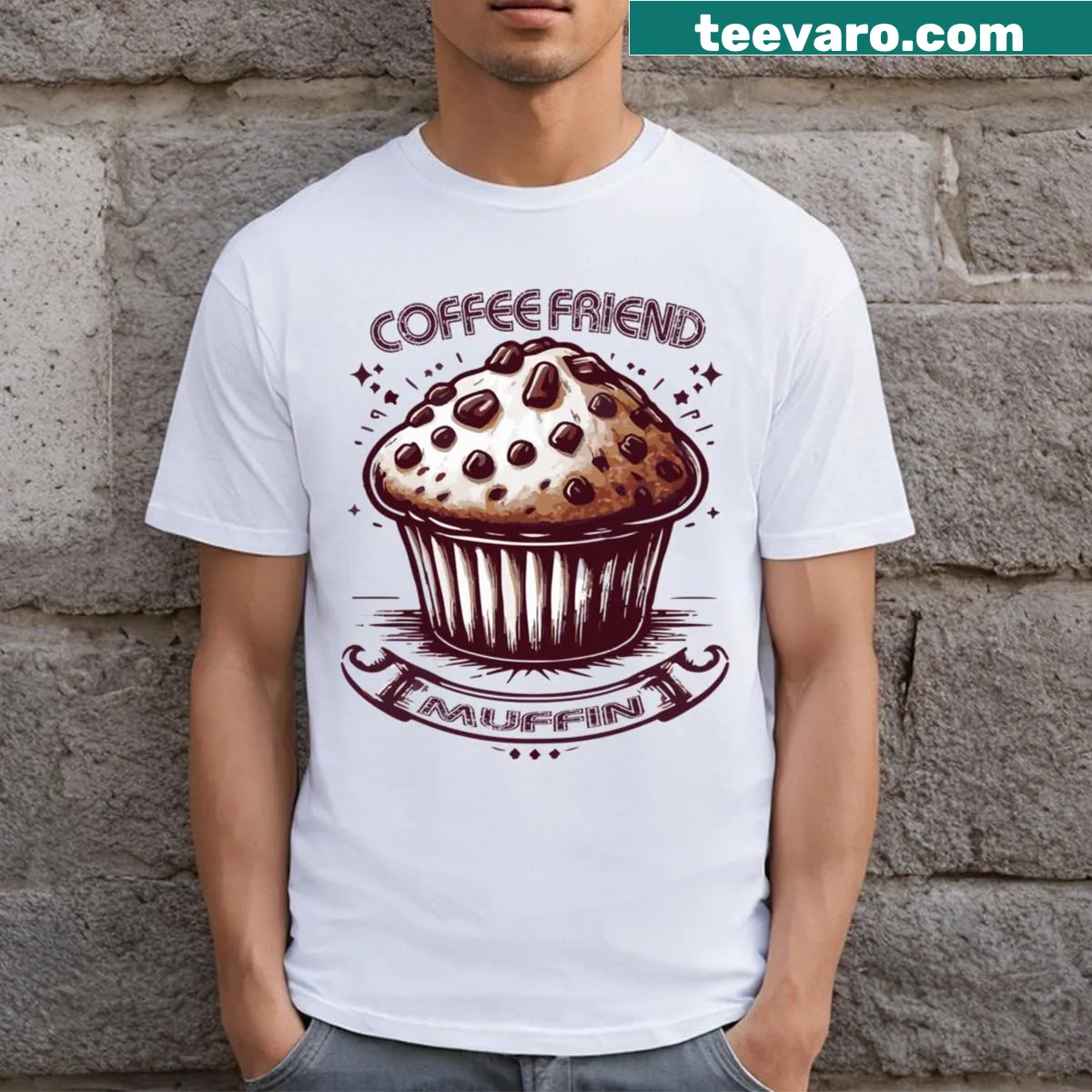 T-shirt featuring a muffin and coffee illustration — on a men's t-shirt