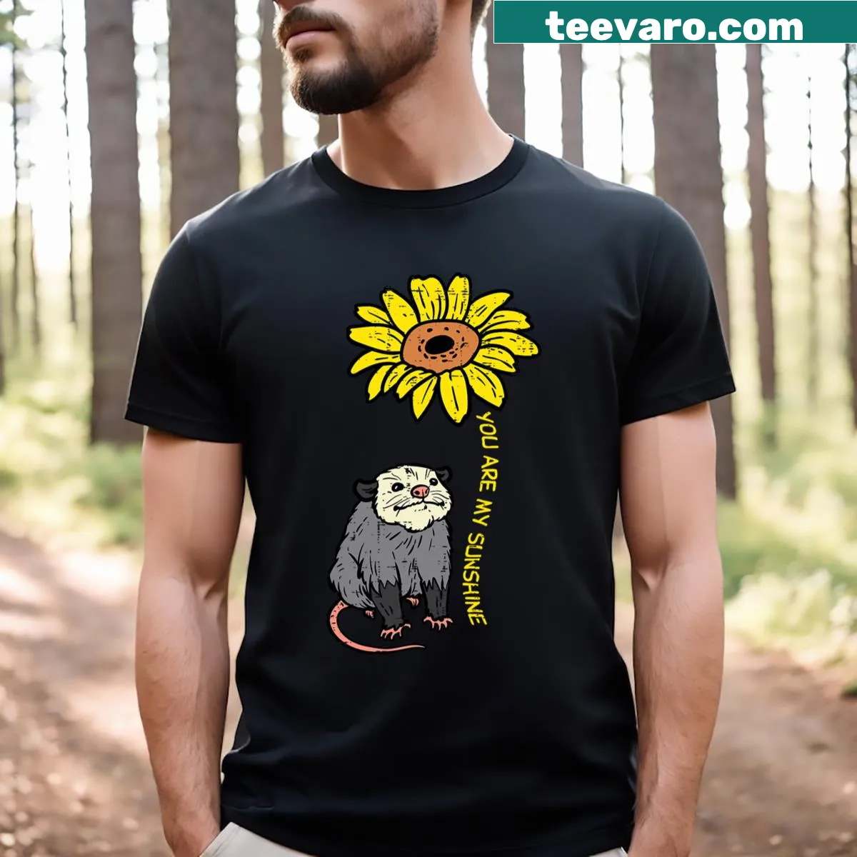 Whimsical opossum t-shirt for kids with sunflowers and uplifting text. — on a men's t-shirt