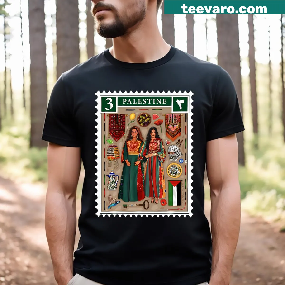 Retro Palestinian flag t-shirt featuring Gaza stamp graphics. — on a men's t-shirt