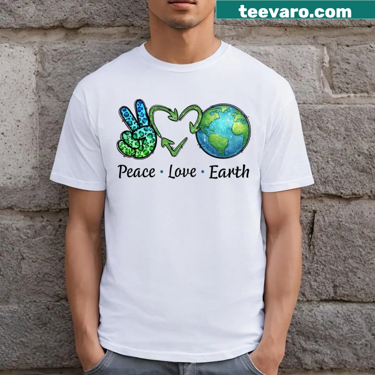 Sarcastic t-shirt promoting peace and love for the earth. — on a men's t-shirt