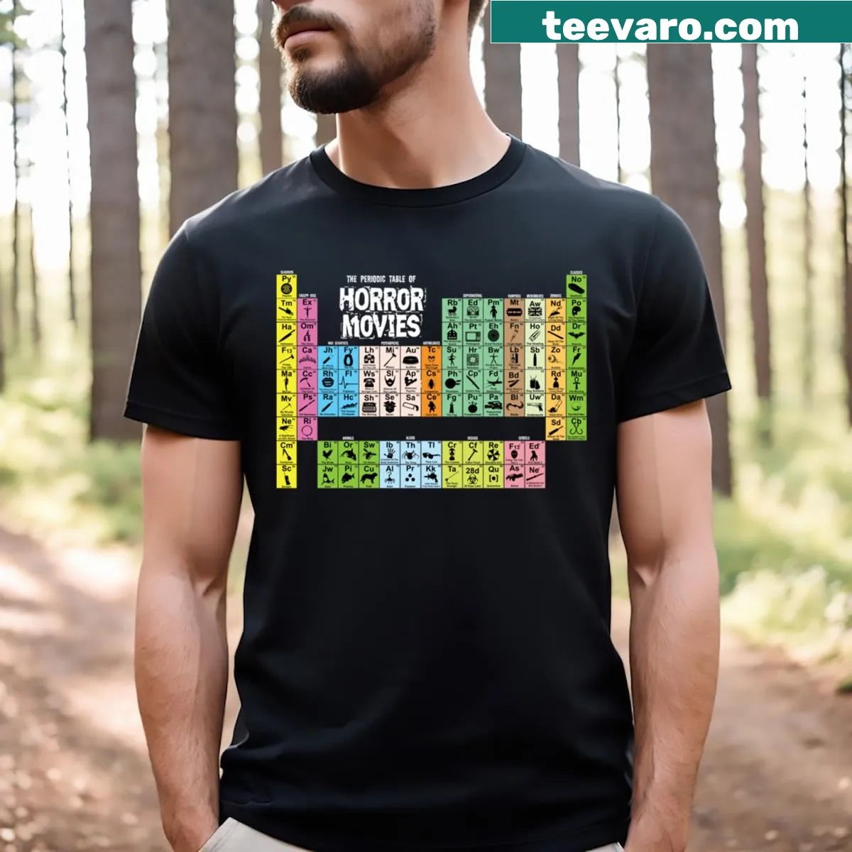 Typography design of a periodic table featuring horror movies — on a men's t-shirt