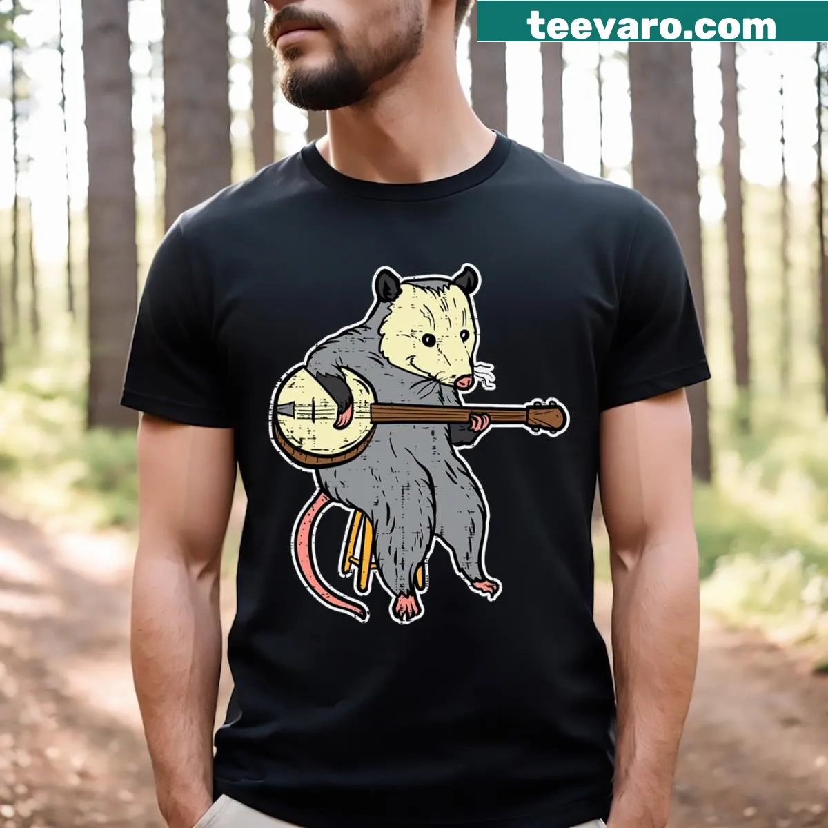 Cartoon opossum playing a banjo on a humorous T-shirt — on a men's t-shirt