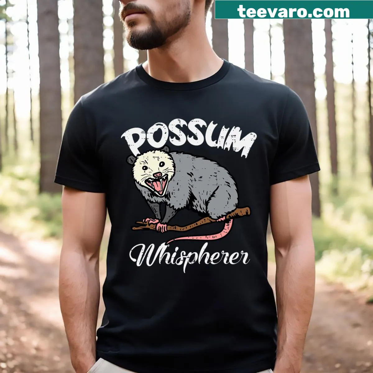 Funny T-shirt featuring the phrase 'Possum Whisperer' with an illustration — on a men's t-shirt