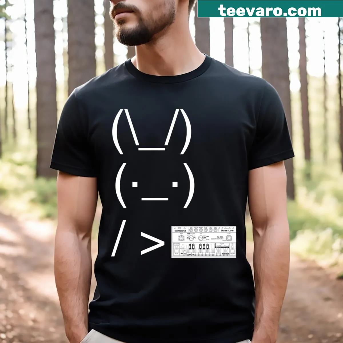 Funny Rabbit Meme Roland TB303 T-shirt with playful graphic — on a men's t-shirt