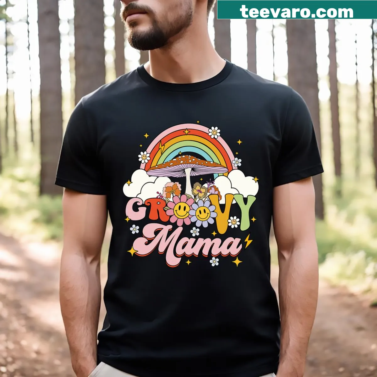 Cute rainbow Groovy Mama birthday t-shirt — on a men's t-shirt