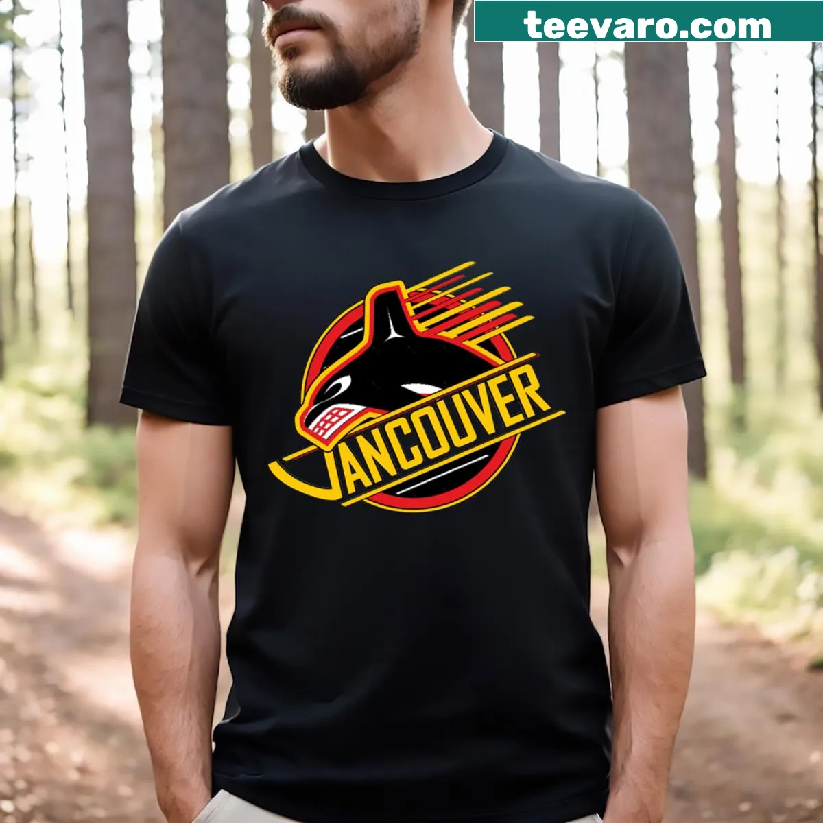 Vintage Vancouver Canucks hockey T-shirt featuring retro graphics — on a men's t-shirt