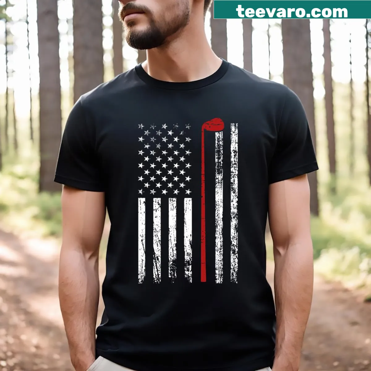 Funny golf T-shirt with American flag design for golfers — on a men's t-shirt