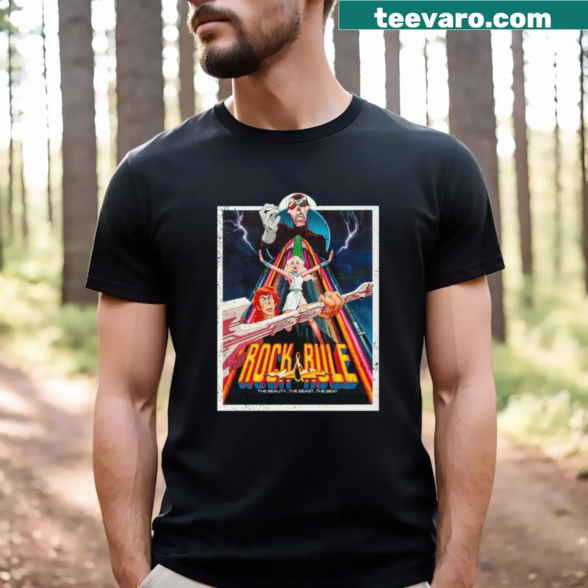 Rock and Rule T-shirt featuring retro graphics — on a men's t-shirt
